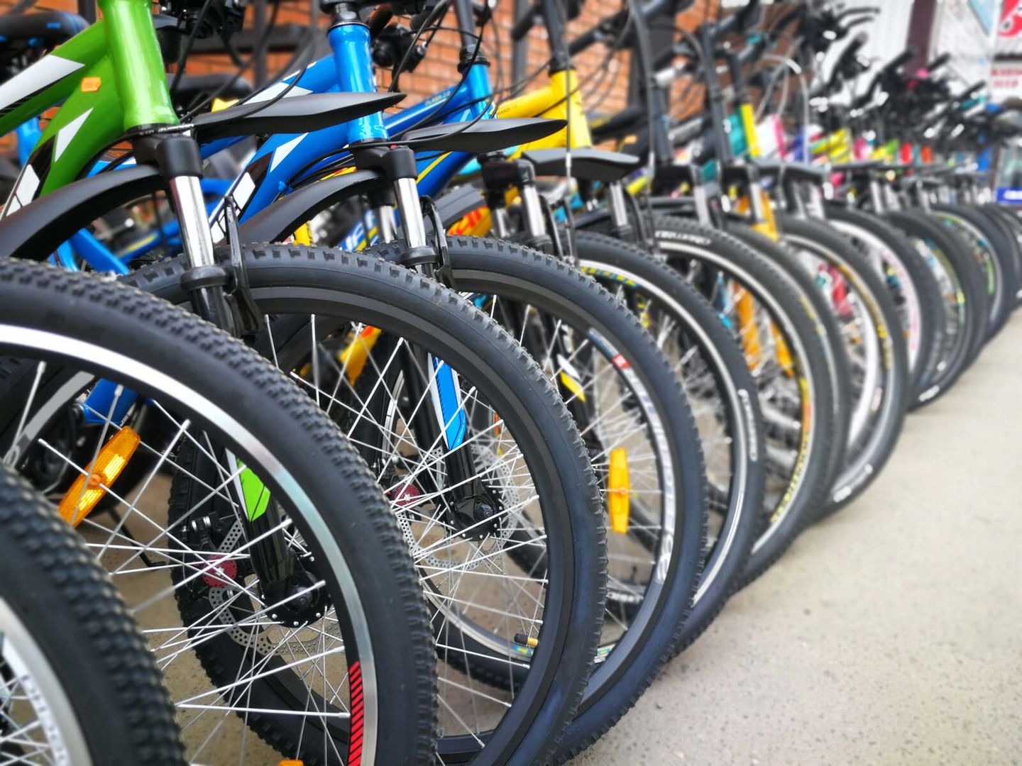 Verschiedene farbige Fahrräder in einem Fahrradladen
